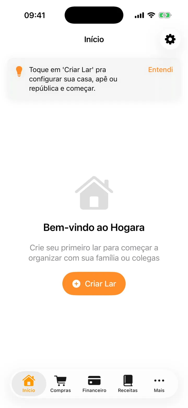 Tela inicial do Hogara no iPhone: Bem-vindo ao Hogara, com um único botão, Criar Lar