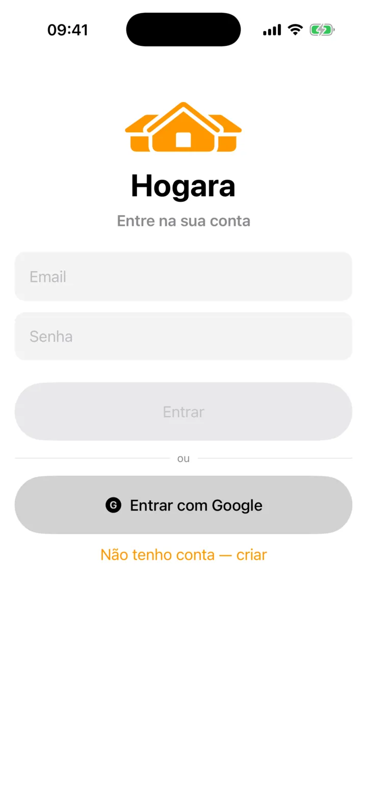 Tela de entrada do Hogara no iPhone, com e-mail, senha e Entrar com Google
